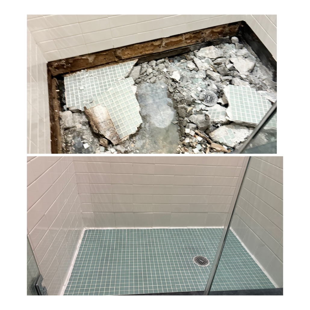 Before and after shower floor leak repair in Brooklyn NY showing failed shower pan and water damage.
Completed shower floor leak repair in Brooklyn NY with new waterproof shower pan and mosaic tile.